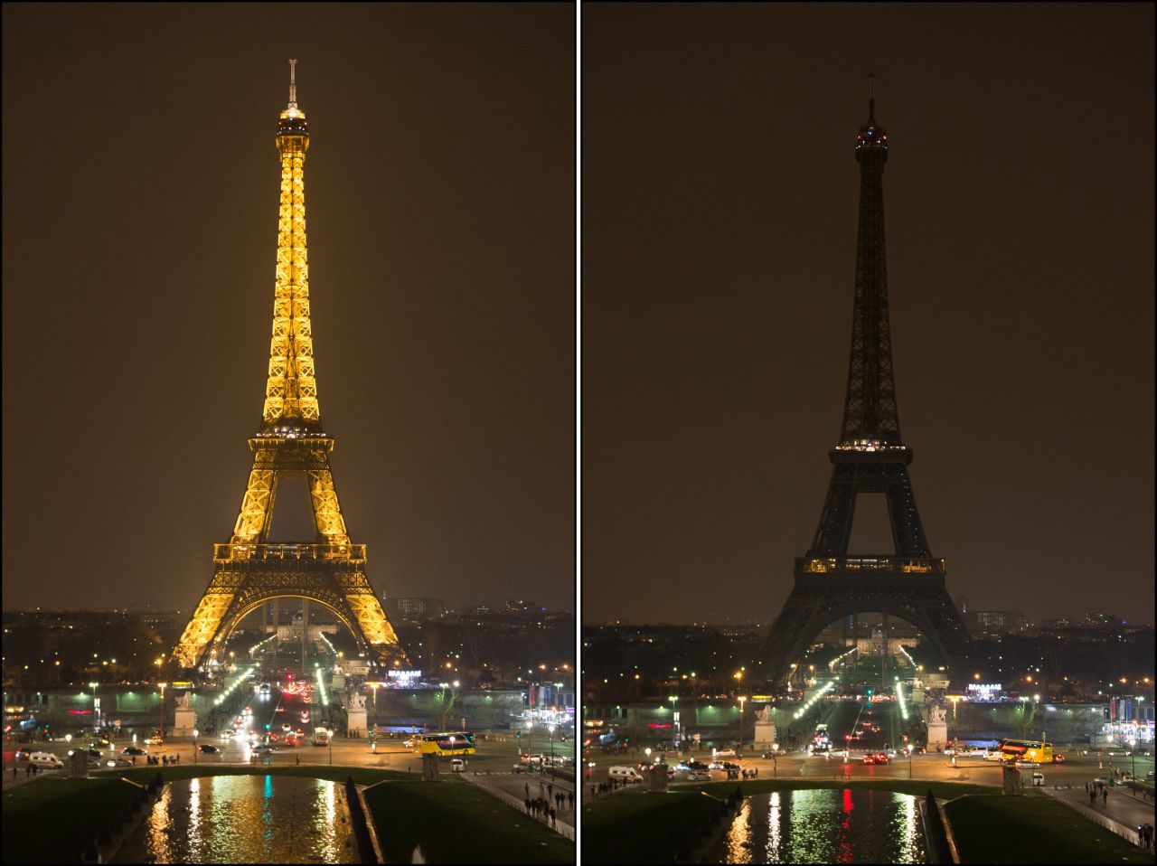 Photosshows The Eiffel Tower submerging into darkness at 8:30 pm local time as part of the Earth Hour switch-off.