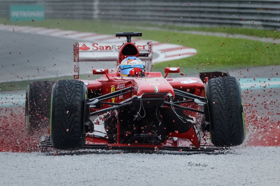 Fernando Alonso won the race last year, but his 200th career grand prix was less successful. The Ferrari driver damaged his front wing early on and then made the mistake of staying out on the track too long and was not able to finish.