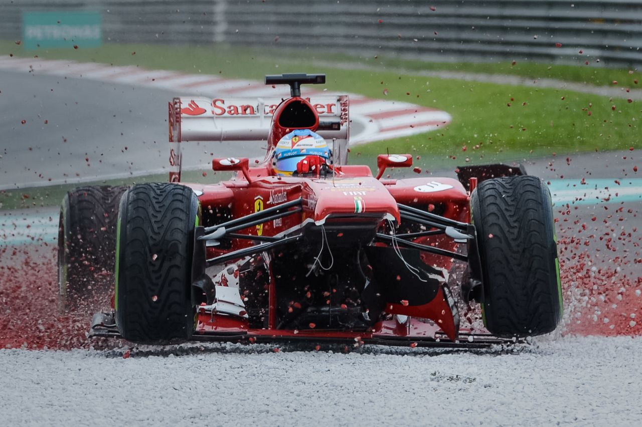 Fernando Alonso won the race last year, but his 200th career grand prix was less successful. The Ferrari driver damaged his front wing early on and then made the mistake of staying out on the track too long and was not able to finish.
