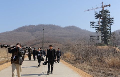 In April 2012, Pyongyang launched a long-range rocket that broke apart and fell into the sea. Here, the UNHA III rocket is pictured on its launch pad in Tang Chung Ri, North Korea.