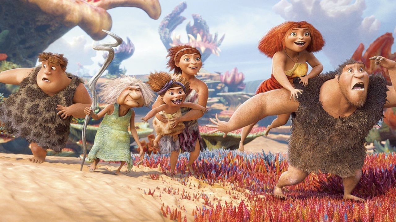 Thunk, Gran, Sandy the baby, Ugga, Eep and Grug from "The Croods."
