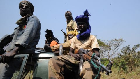 Seleka rebel coalition members in a village north of the Central African Republic capital on January 10, 2013. 