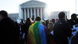 Supporters of same-sex marriage gather in front of the U.S. Supreme Court on Tuesday, March 26, in Washington. The justices heard arguments on California's Proposition 8, which bans same-sex marriage. Dozens of people camped out in hopes of attending the hearing, and rallies in support of same-sex marriage have been held throughout the country.