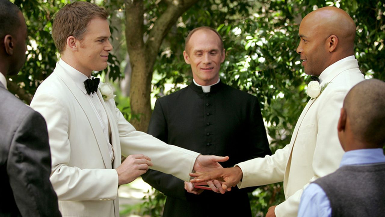 Critics hailed the realistic portrayal of the relationship between David Fisher (Michael C. Hall, left) and Keith Charles (Mathew St. Patrick) on "Six Feet Under."