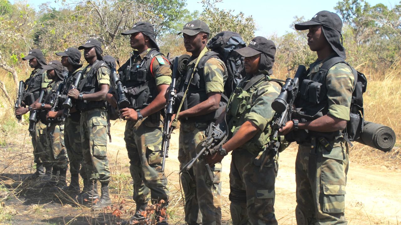 Cameroonian soldiers on patrol for poachers are pictured on December 15 during a press field trip at Bouba N'Djida National Park.