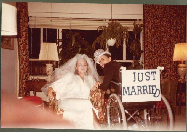 Edie and Thea dress for Halloween sometime in the 1980s, years before they really got married in Toronto, Canada, in 2007. Thea was in a wheelchair because of her MS.