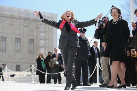Edie acknowledges her supporters as she leaves the Supreme Court on March 27 after arguments in her case challenging the constitutionality of the Defense of Marriage Act.