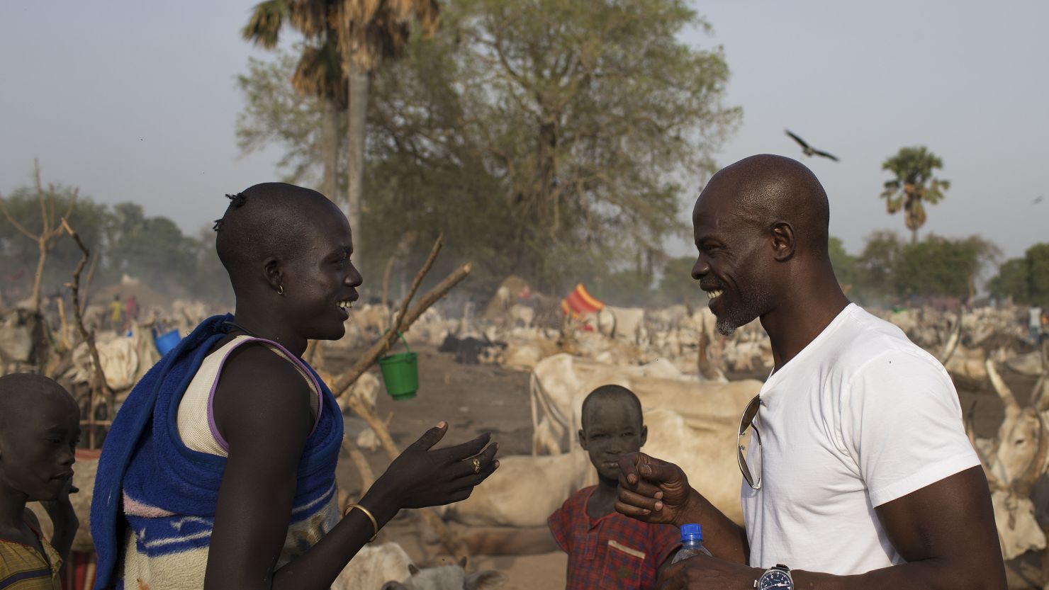 Djimon Hounsou, right, in South Sudan on his recent trip. 