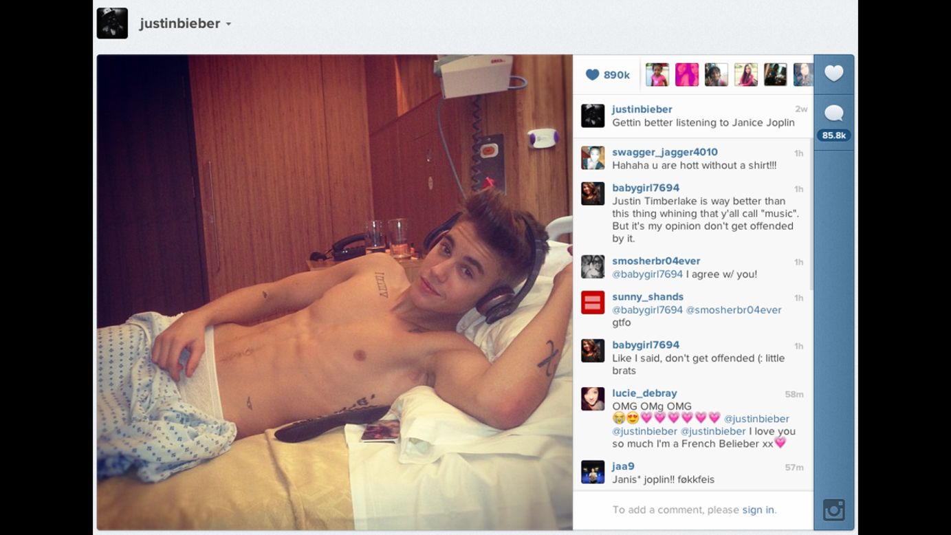 Bieber más tarde terminó enfermo en un hospital de Londres. Por ser una estrella codiciada, no sorprende que tratara de mostrar lo "bien" que se sentía al publicar una foto.