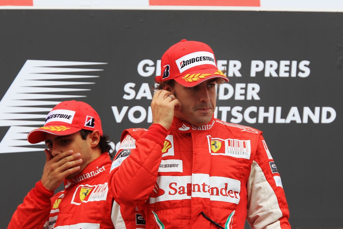 Awkward scenes on the podium at the 2010 German Grand Prix after Felipe Massa (left) surrendered the lead to his Ferrari teammate Fernando Alonso when the team told him that the Spaniard had the faster car.