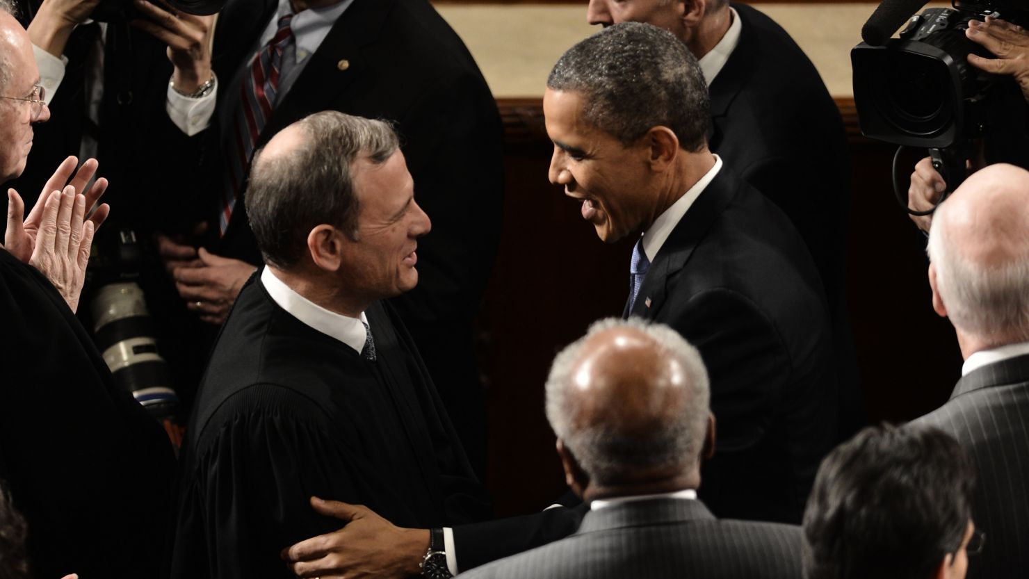 President Obama greets U.S. Chief Justice John Roberts before the State of the Union address on February 12. 
