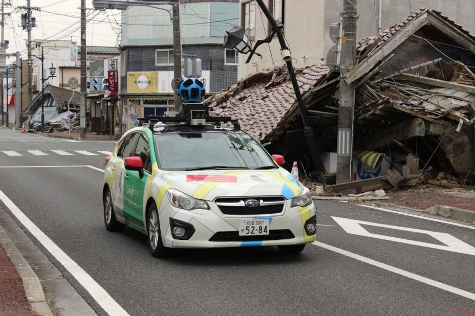 The Google Street View car takes images with its roof-mounted camera amid the devastation of Namie-machi.