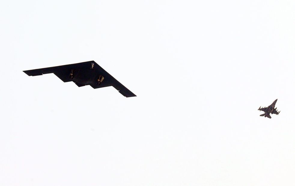The United States said Thursday, March 28, that it flew stealth bombers over South Korea to participate in annual military exercises amid spiking tensions with North Korea. Pictured, a B-2 Spirit stealth bomber flies over South Korea's western port city of Pyeongtaek.
