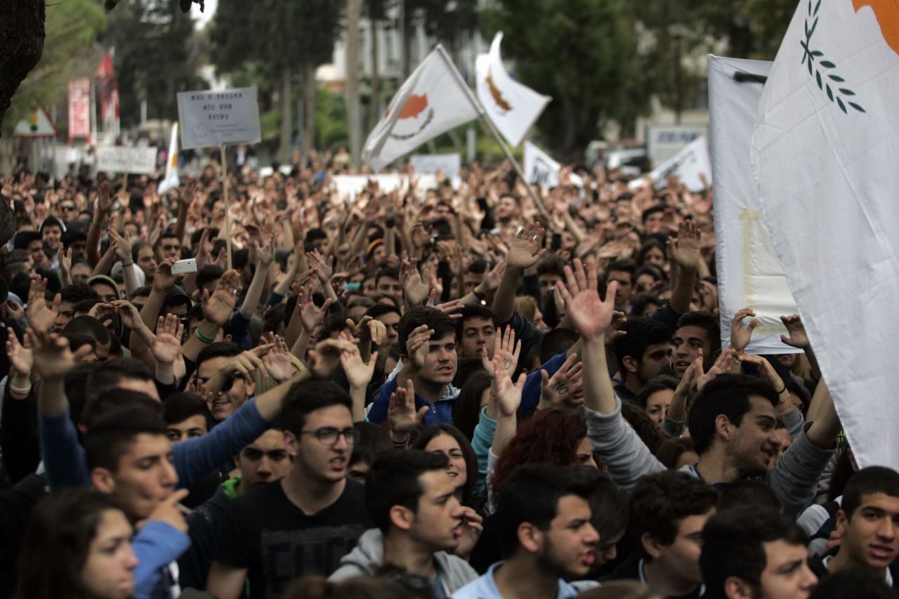 Students protest against austerity measures in front of the Cypriot Presidential House on March 26 in Nicosia, Cyprus. 