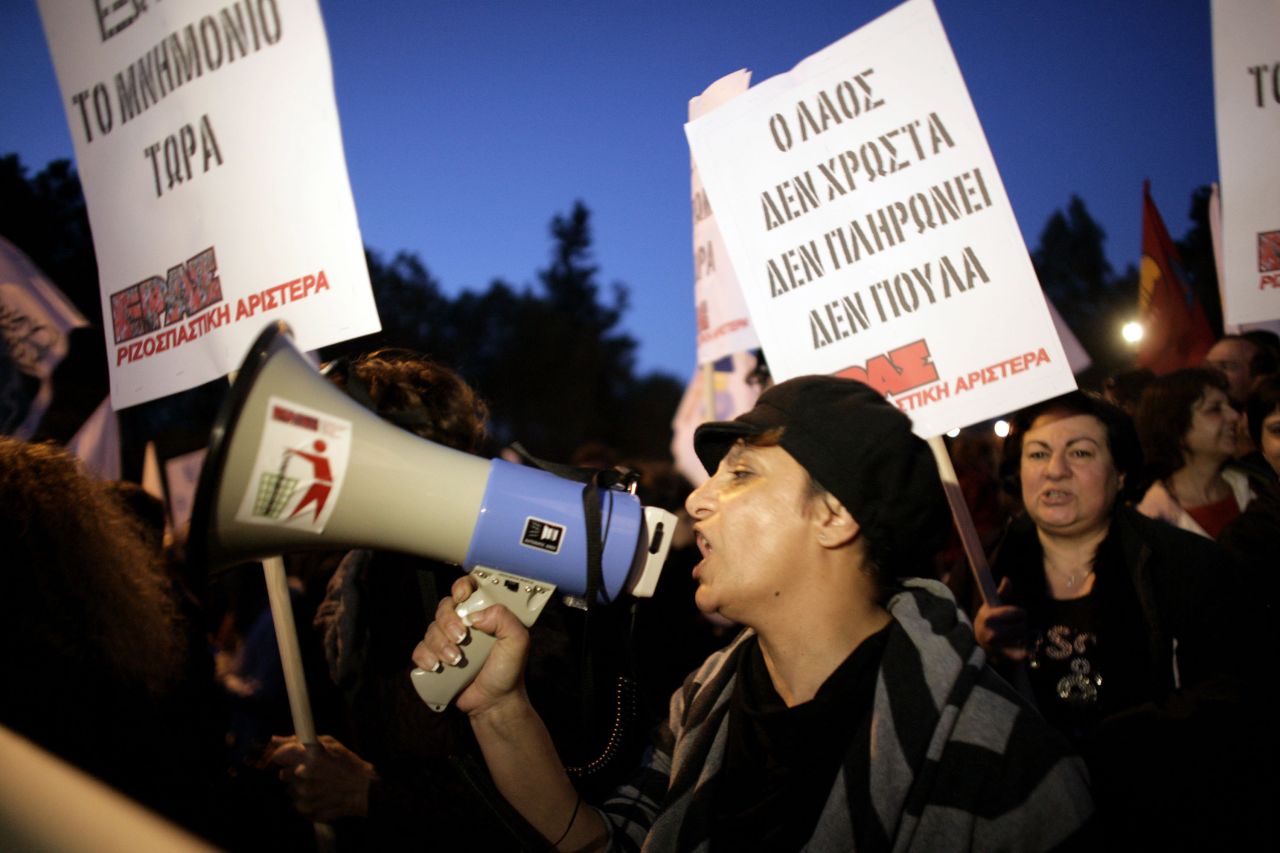  A demonstrator shouts through a megaphone during a protest against austerity measures and the Troika on March 27 in Nicosia, Cyprus. 