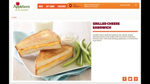Applebee's grilled cheese on sourdough with french fries and 2% chocolate milk has 1,210 calories with 62 grams of total fat (46% of calories), 21 grams of saturated fat (16%) and 2,340 milligrams of sodium. That meal has nearly three times as many calories, and three times as much sodium, as the Center for Science in the Public Interest's criteria allow. A better option would be the grilled chicken sandwich meal for kids with steamed broccoli and apple or grape juice, totaling only 355 calories.