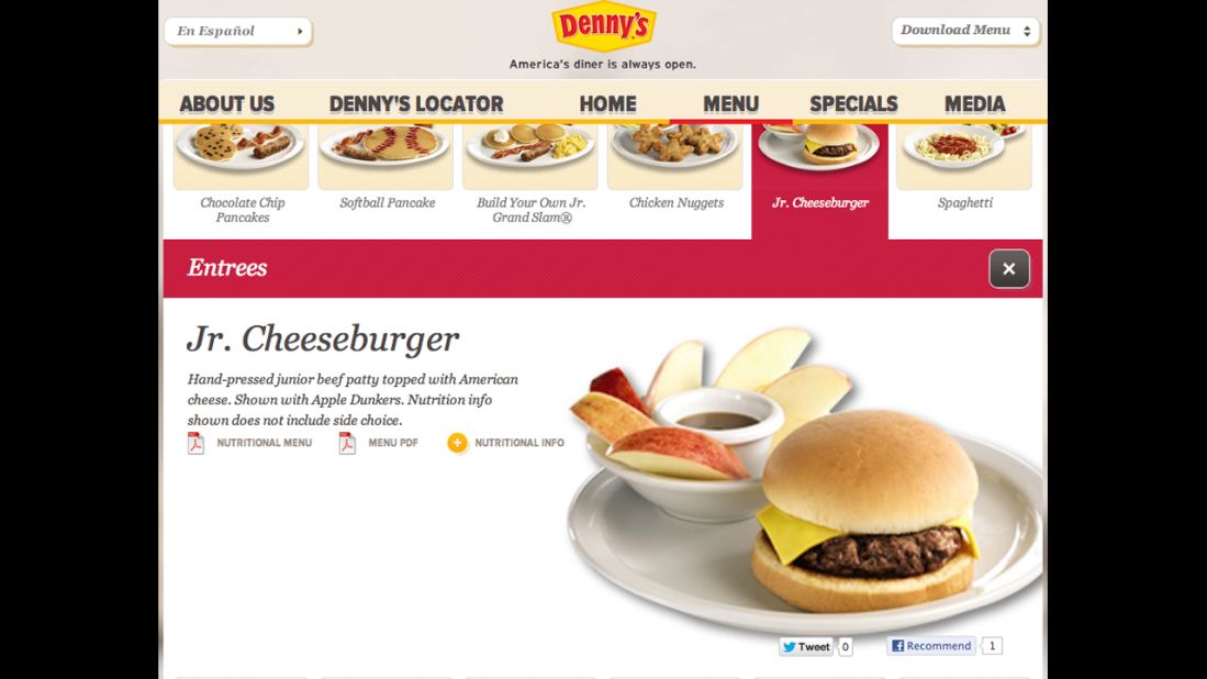 Denny's junior cheeseburger and french fries has 980 calories, 55 grams of total fat (51% of calories), 20 grams of saturated fat (18%) and 1,110 mg of sodium. Denny's does not include beverages with kids' meals.