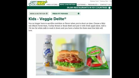 Subway kids' roast beef sub, apple slices and 1% milk comes in at 395 calories. All eight of Subway's Fresh Fit for Kids meal combinations met the center's nutrition criteria.