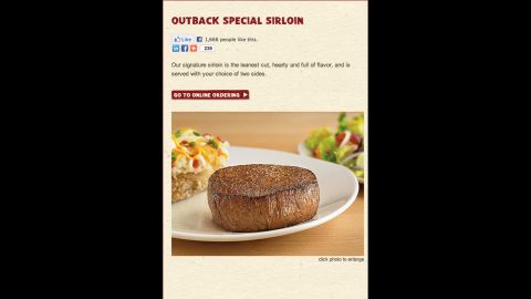 Outback Steakhouse's kids' sirloin is 188 calories and a healthier option paired with apples and grapes.
