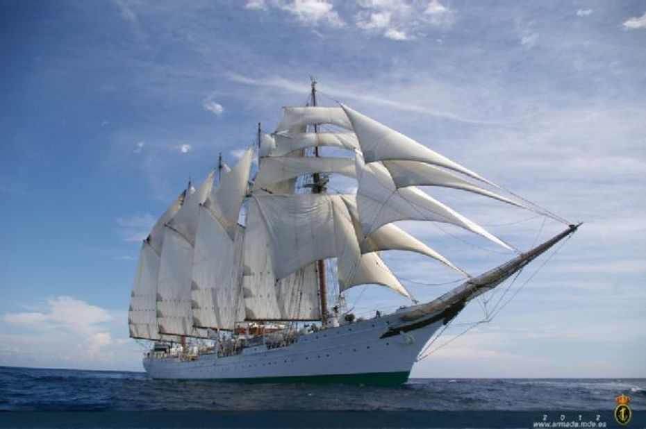 The Juan Sebastian de Elcano measures 370 feet. Only two other tall ships in the world are larger. Its four masts stretch nearly 160 feet into the sky -- about as tall as a 16-story building.
