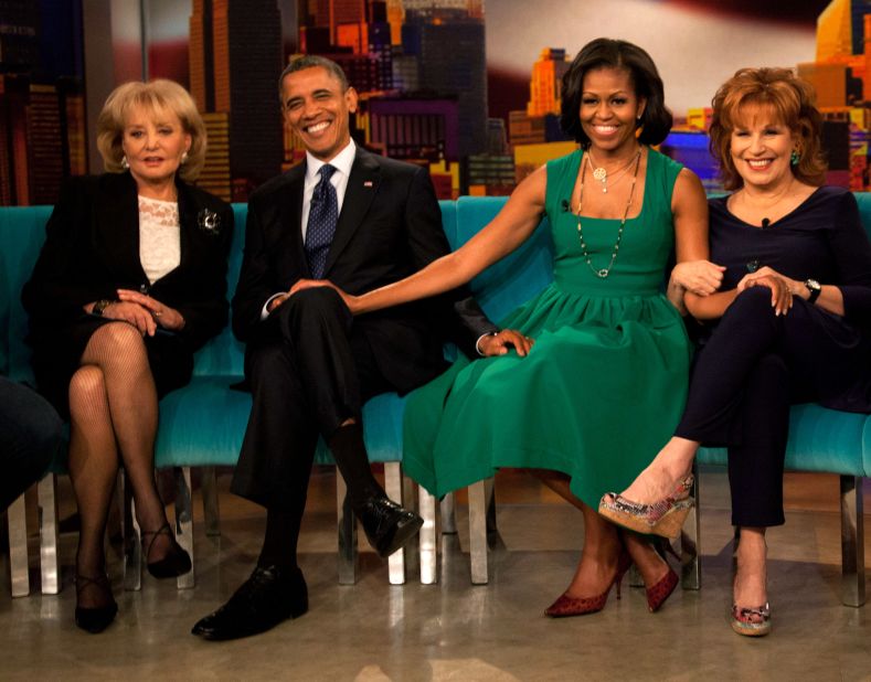Walters and Behar pose with President Barack Obama and first lady Michelle Obama on the set of "The View" in 2012.