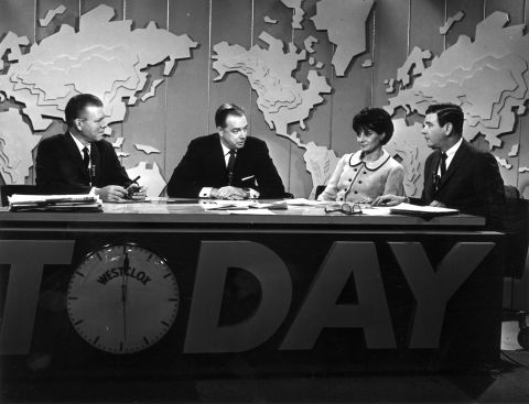 Jack Lescoulie, Hugh Downs, Walters and Frank Blair conduct a discussion on NBC's "Today Show" in New York.  She worked for the show from 1961 to 1976.