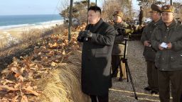 This picture released by North Korea's official Korean Central News Agency on March 26, 2013 and taken on March 25, 2013 shows North Korean leader Kim Jong-Un (C) inspecting the landing and anti-landing drills of KPA Large Combined Units 324 and 287 and KPA Navy Combined Unit 597 at an undisclosed location on North Korea's east coast.