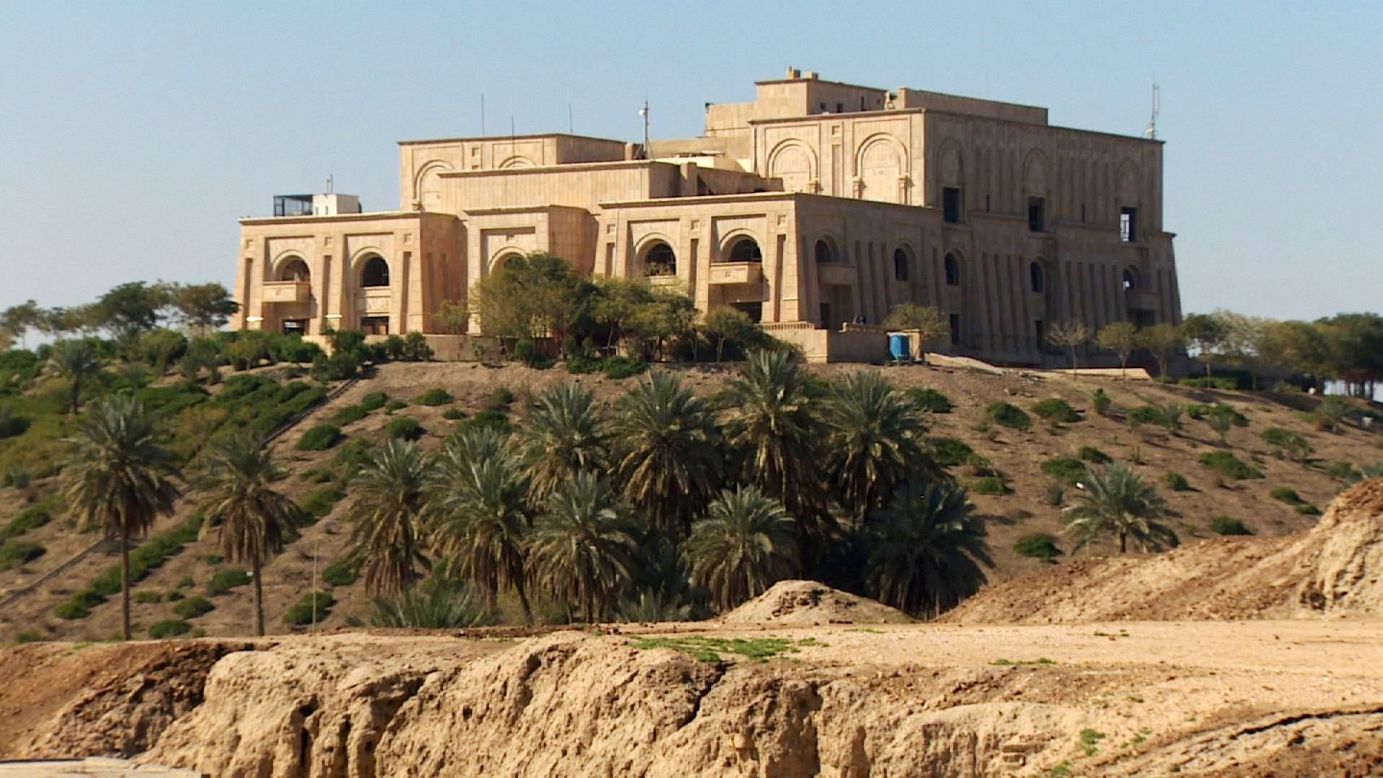 After the Gulf War, Saddam Hussein began building the modern palace for himself on top of ruins in the style of a Sumerian ziggurat.