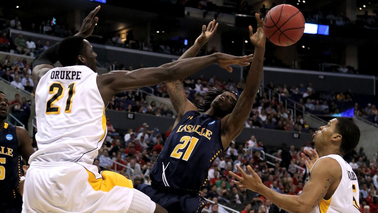 Tyrone Garland of the La Salle Explorers goes up for the ball against Ehimen Orukpe of the Wichita State Shockers on March 28 in Los Angeles.