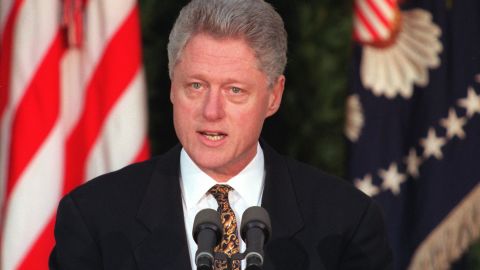 President Bill Clinton addresses the nation from the Rose Garden of the White House on December 11, 1998.