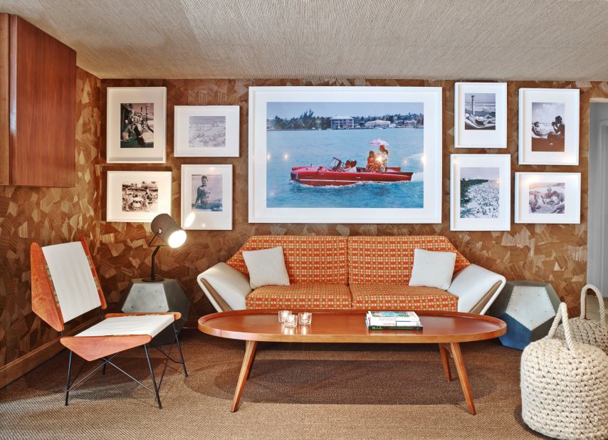A lounge at the James Royal Palm in Miami Beach features "Sea Drive," a photograph by Slim Aaron.