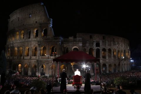 Pope Francis presides over the Way of the Cross procession at the Colosseum in Rome on Good Friday, March 29.