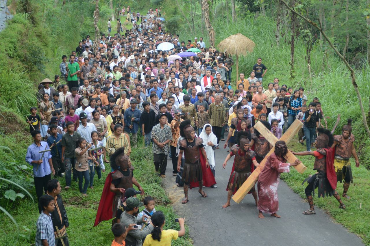 Indonesian Christian devotees take part in a procession re-enacting the crucifixion of Jesus Christ on Friday in the town of Magelang on the island of Java.
