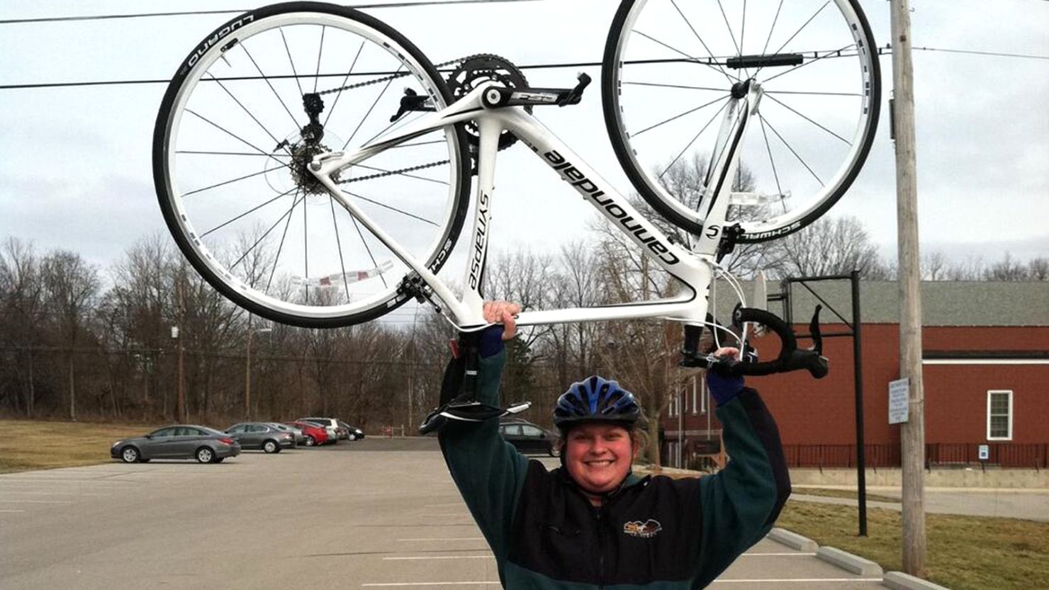 Fit Nation team member Tabitha McMahon celebrates her first weekend bike ride in March. 