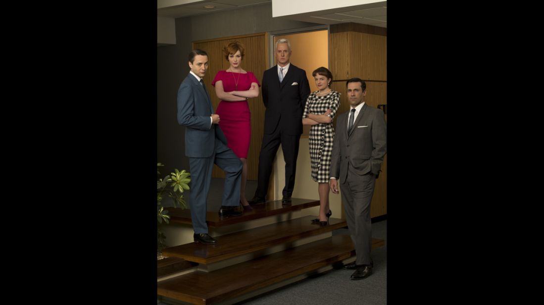 The cast in the Sterling Cooper office. From left, sales exec Pete Campbell (Vincent Kartheiser), Joan, Roger, Peggy and Don.