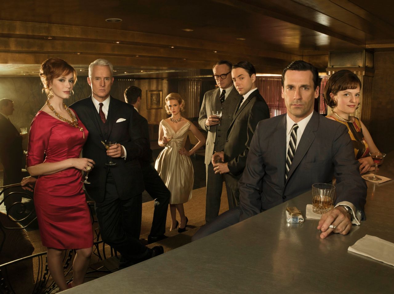 From left, Joan; Roger; Betty; Lane Pryce (Jared Harris), who joins the firm from the UK; Pete, Don and Peggy strike a pose during season 4. Peggy has become a noted copywriter by this point in the series.