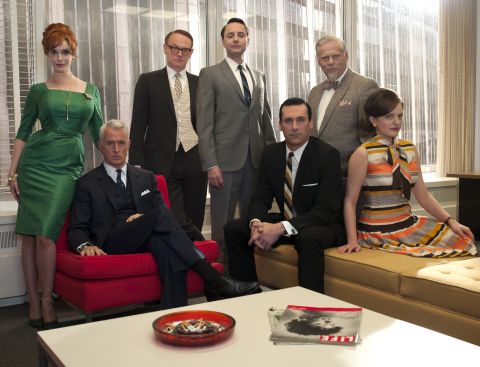 From left, Joan, Roger, Lane, Pete, Don, Bertram Cooper (Robert Morse) and Peggy at the office.