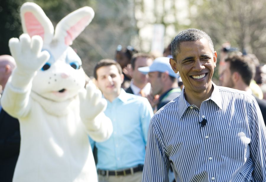 The Easter Bunny waves from behind U.S. President Barack Obama at the White House Easter Egg Roll on the South Lawn of the White House on Monday, April 1. The annual event features live music, sports courts, cooking stations, storytelling and, of course, Easter egg rolling. 