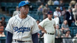 Chadwick Boseman stars as Jackie Robinson, the first African-American to play for a Major League Baseball team, in Brian Helgeland's "42." Harrison Ford plays Branch Rickey, the Brooklyn Dodgers' general manager who made history signing Robinson, in the biographical film.