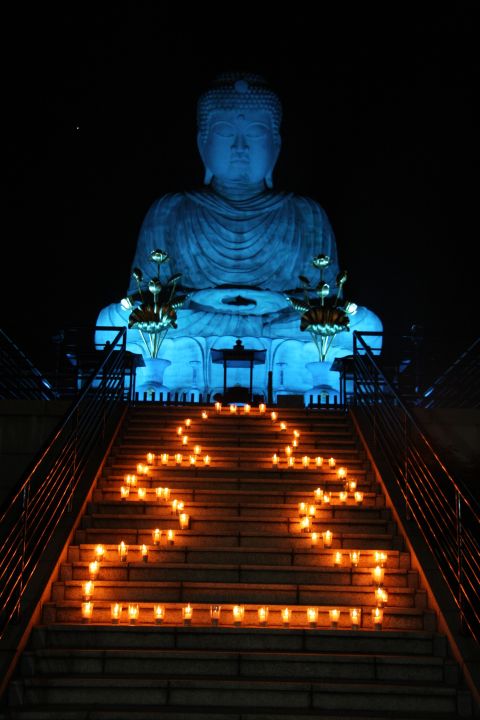 The Hyogo Daibutsu in Kobe, Japan, lights up blue for the 2012 World Autism Awareness Day.