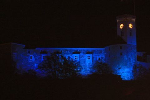 The medieval Ljubljana Castle in Slovenia lights up blue for the 2012 World Autism Awareness Day. 