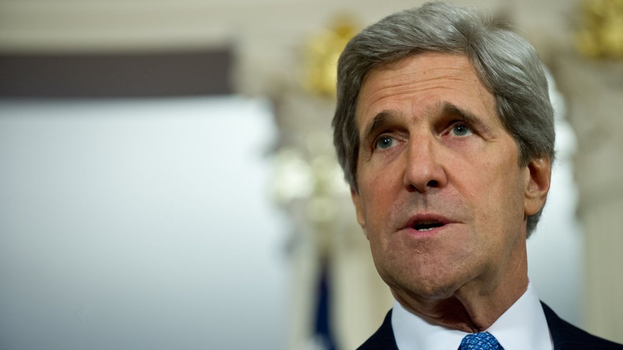 US Secretary of State John Kerry speaks to the press prior to talks with Filipino Secretary of Foreign Affairs Albert Del Rosario at the State Department in Washington,DC on April 2, 2013.