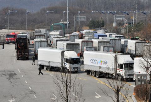 South Korean trucks turn back after they were banned from entering Kaesong in April.