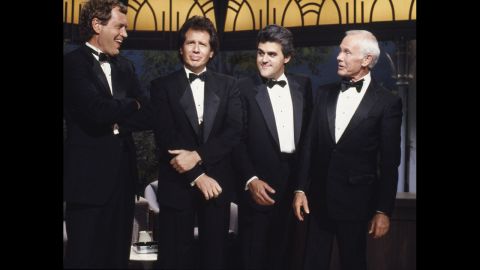 From left, funnymen David Letterman. Garry Shandling, Leno and Carson appear in October 1988 for the 26th anniversary of Carson on "The Tonight Show." Many had expected Letterman would take over the show when Carson retired four years later.