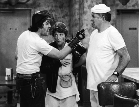 In an early acting gig, Leno plays a biker on the TV sitcom "Alice" with Linda Lavin and Vic Tayback.