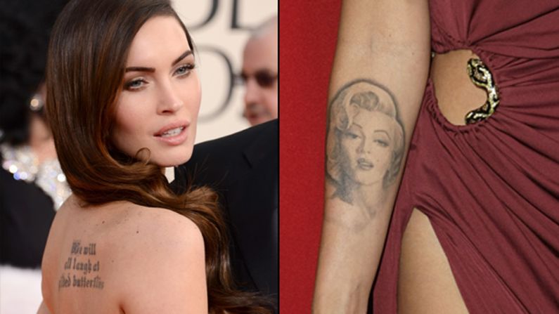 Megan Fox tiene dos tatuajes prominentes. La frase de Shakespeare "We will all laugh at gilded butterflies" (todos nos reiremos de las mariposas doradas) la tiene tatuada en su espalda y solía lucir una imagen de Marilyn Monroe en su antebrazo. 