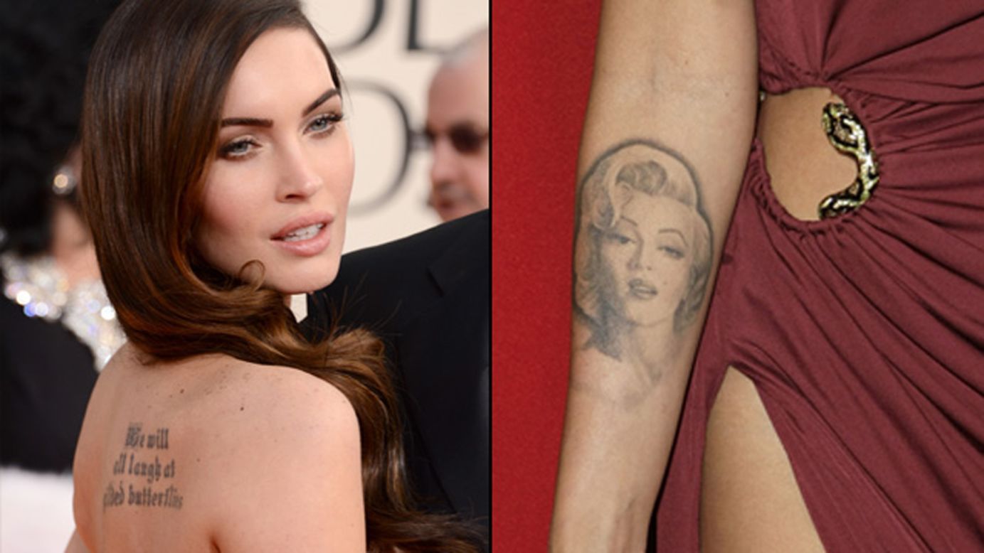 Megan Fox has two prominent tattoos. Shakespeare's "We will all laugh at gilded butterflies" is inked on her back, and <a href="http://www.usmagazine.com/celebrity-news/news/megan-fox-removing-marilyn-monroe-tattoo-has-been-traumatic-2012282" target="_blank" target="_blank">she used to sport a picture of Marilyn Monroe on her forearm. </a>