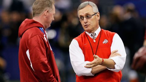 Jim Tressel is seen on the sidelines while still coach at Ohio State University in May 2011.