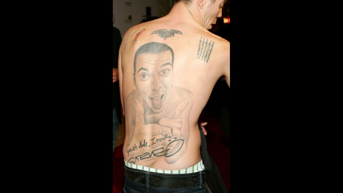 "Jackass" star Steve-O is covered in tattoos, such as the giant picture of his face that's inked on his back. The tat reads, "Yeah dude, I rock!"