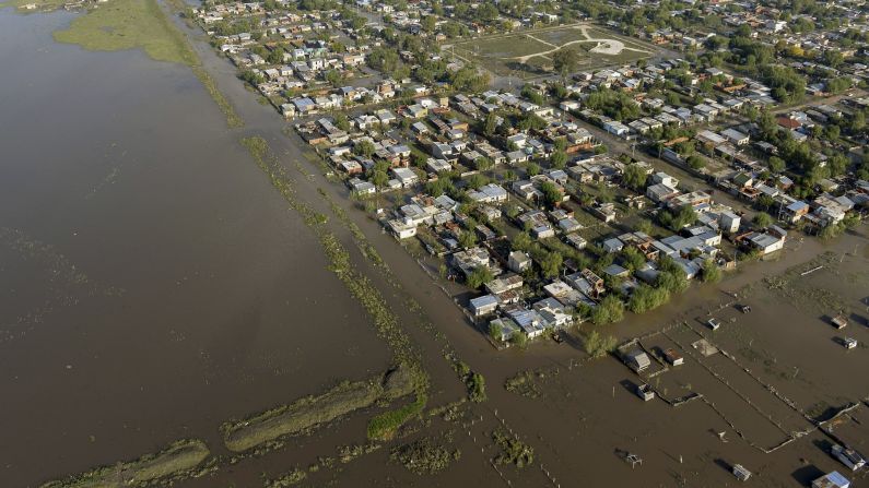 An aerial view shows a flooded area on the outskirts of La Plata on April 3. Thousands of residents have evacuated because of the rain, officials said.